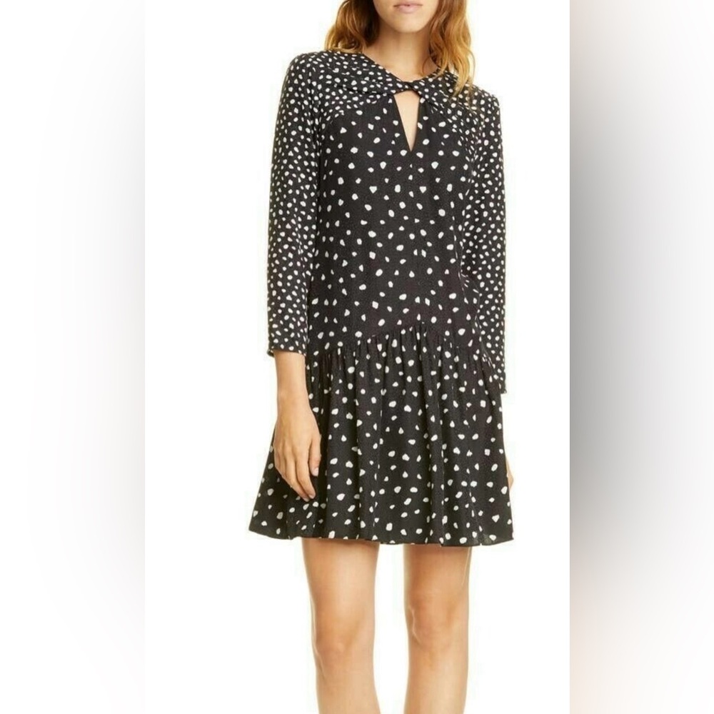 Rebecca Taylor Nova Dot Jacquard Twist Dress in Black and White Silk Blend Sz 4